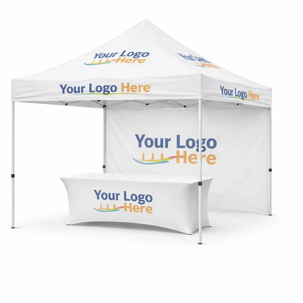 10x10 custom canopy with backdrop and 6-foot stretch table cover