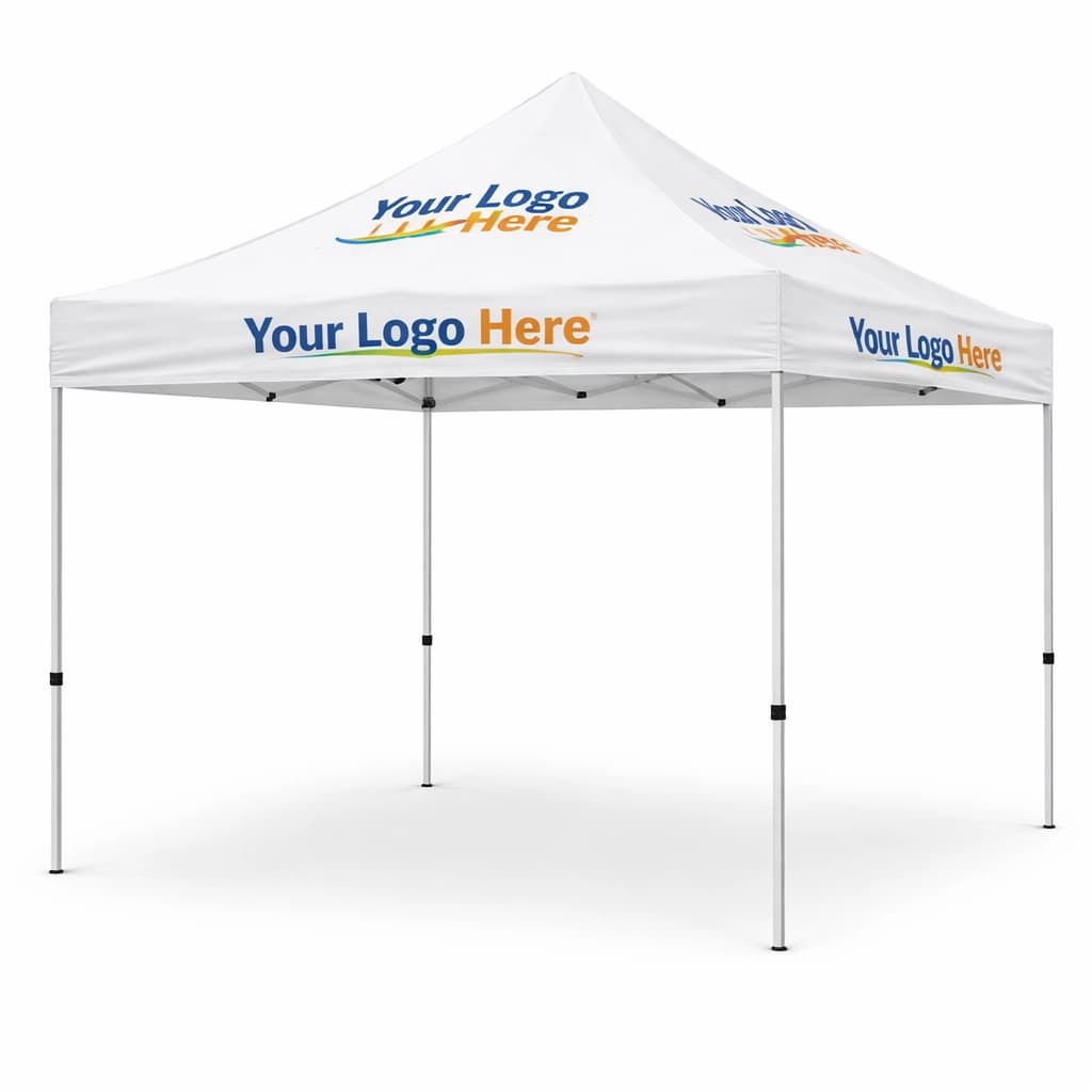 10x10 custom canopy mockup with logo printed on the valance and peak