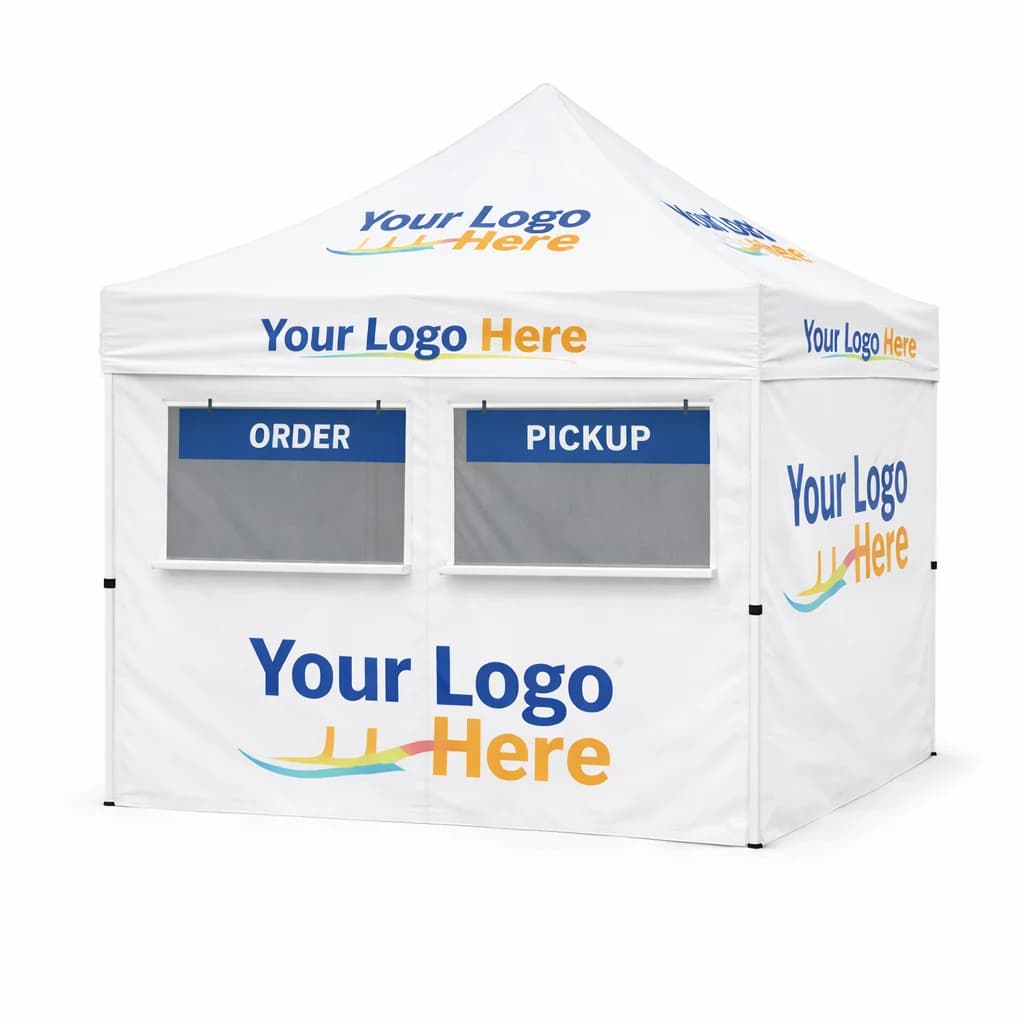 10x10 food vendor canopy with four walls and front order and pickup service windows