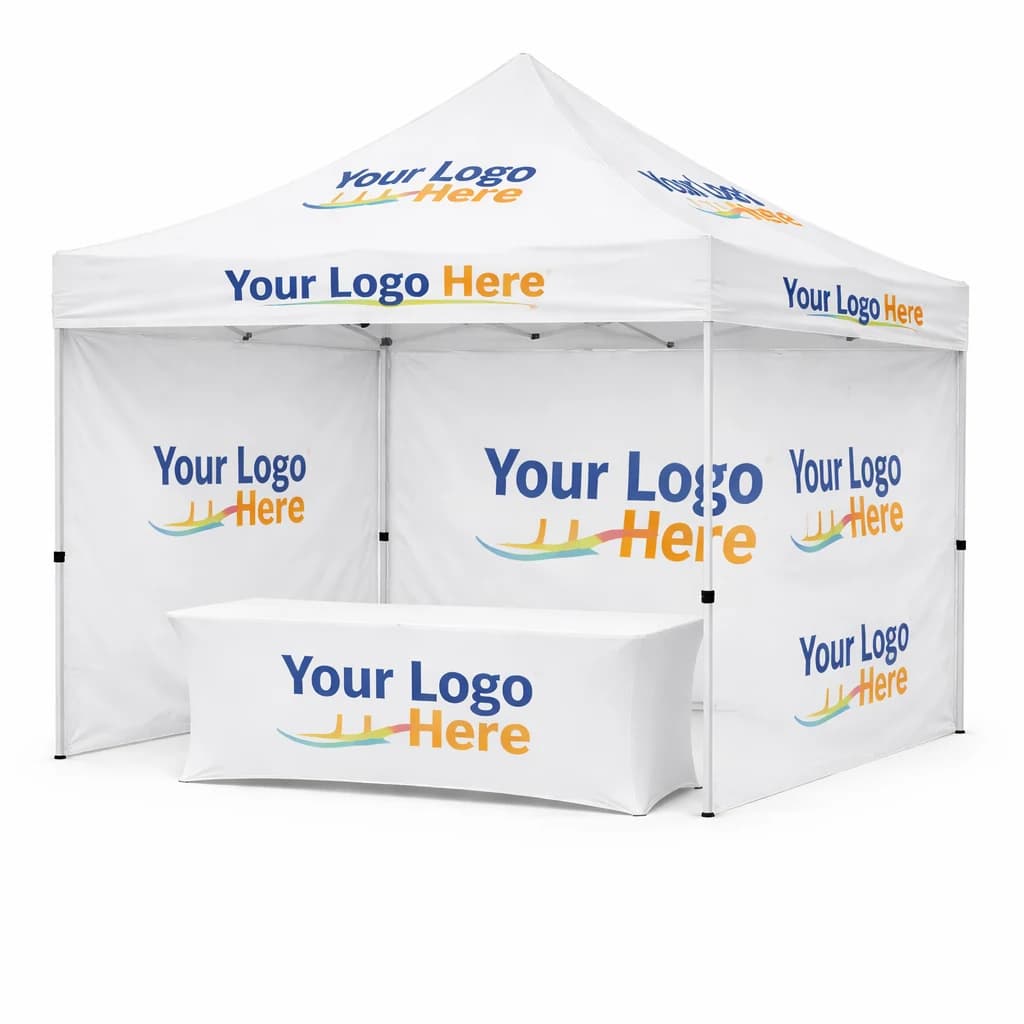 10x10 custom canopy with full back wall, two side walls, and table cover