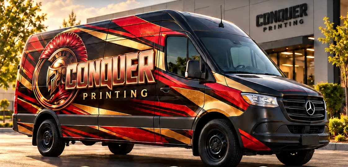 Concept of a Sprinter van with a full red and gold Conquer Printing wrap parked outside a commercial building