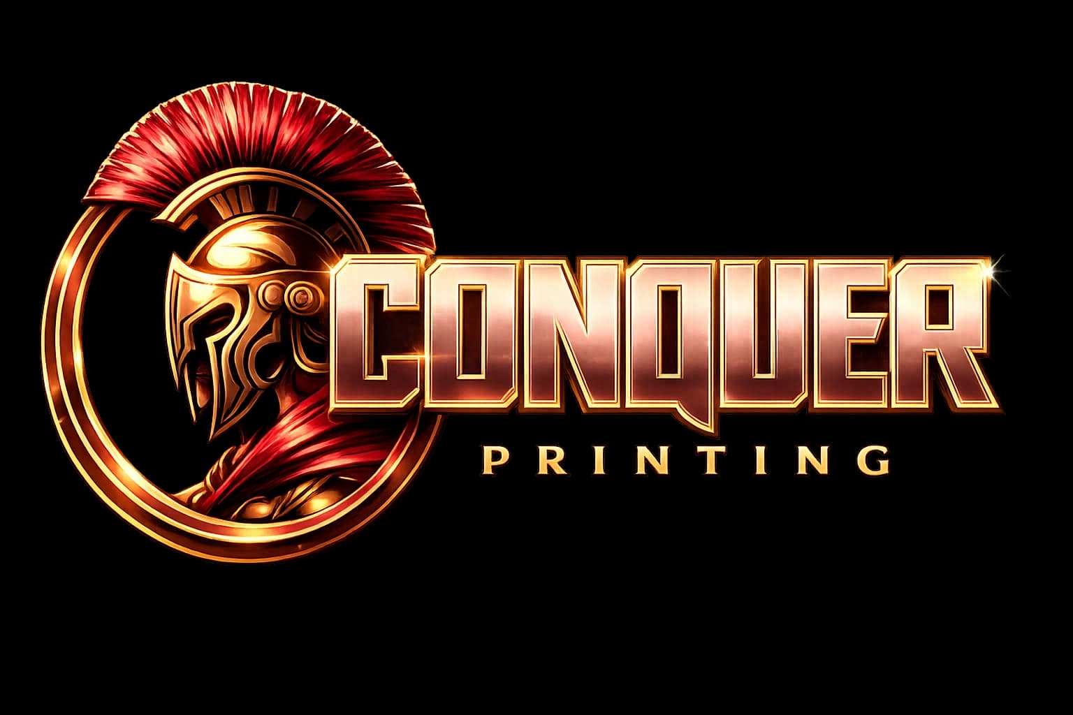 Conquer Printing — Spartan helmet emblem with metallic gold lettering