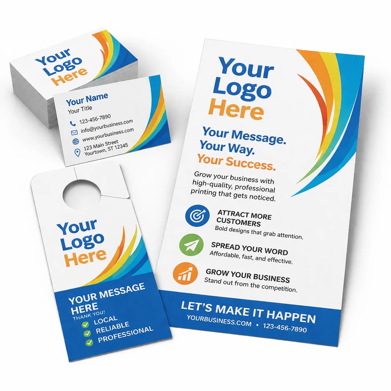 Custom business cards, flyer, and door hanger print set
