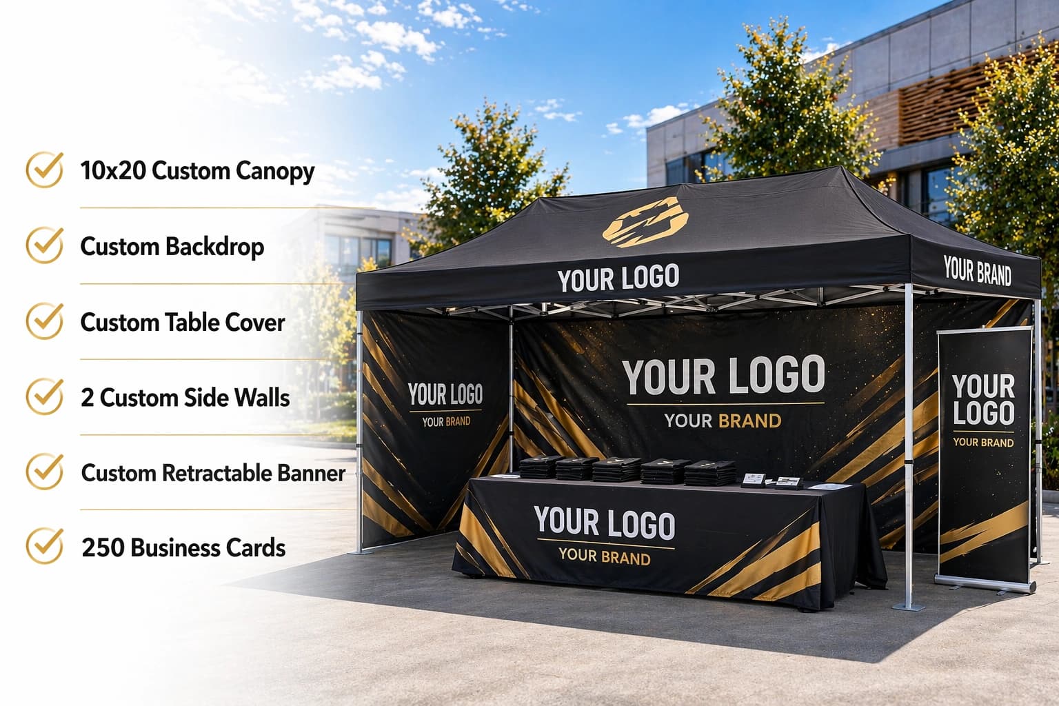 Complete branded booth setup with canopy, walls, table cover, flags, and display materials