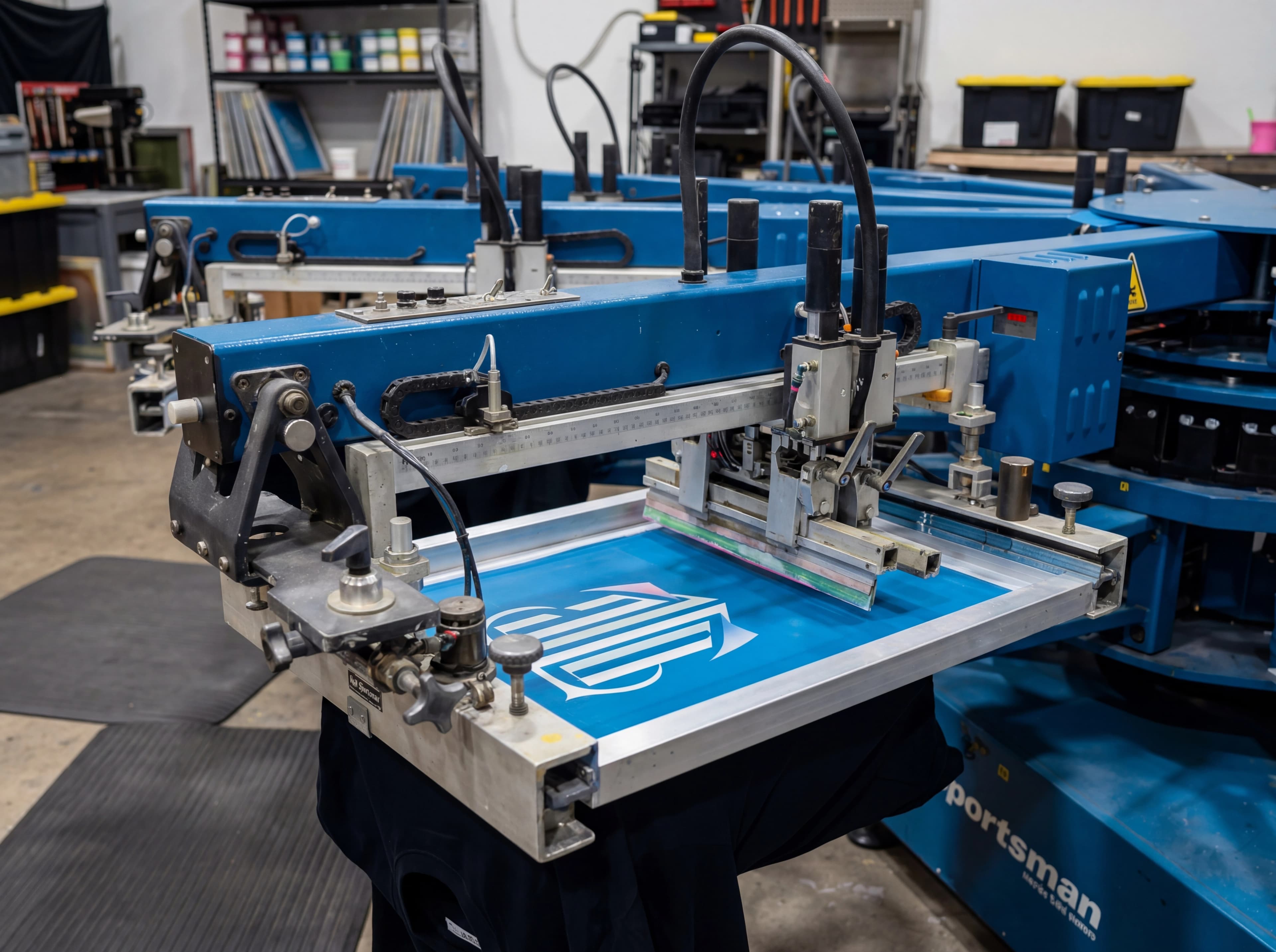 Screen printing press printing custom apparel