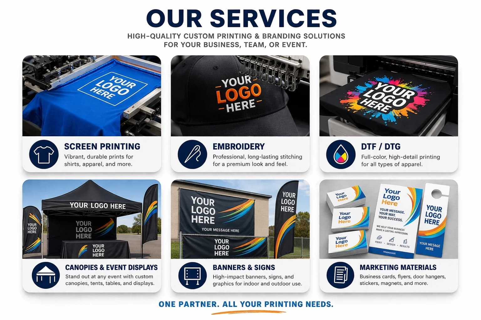 Services snapshot graphic showing screen printing, embroidery, DTF DTG, canopies and event displays, banners and signs, and marketing materials
