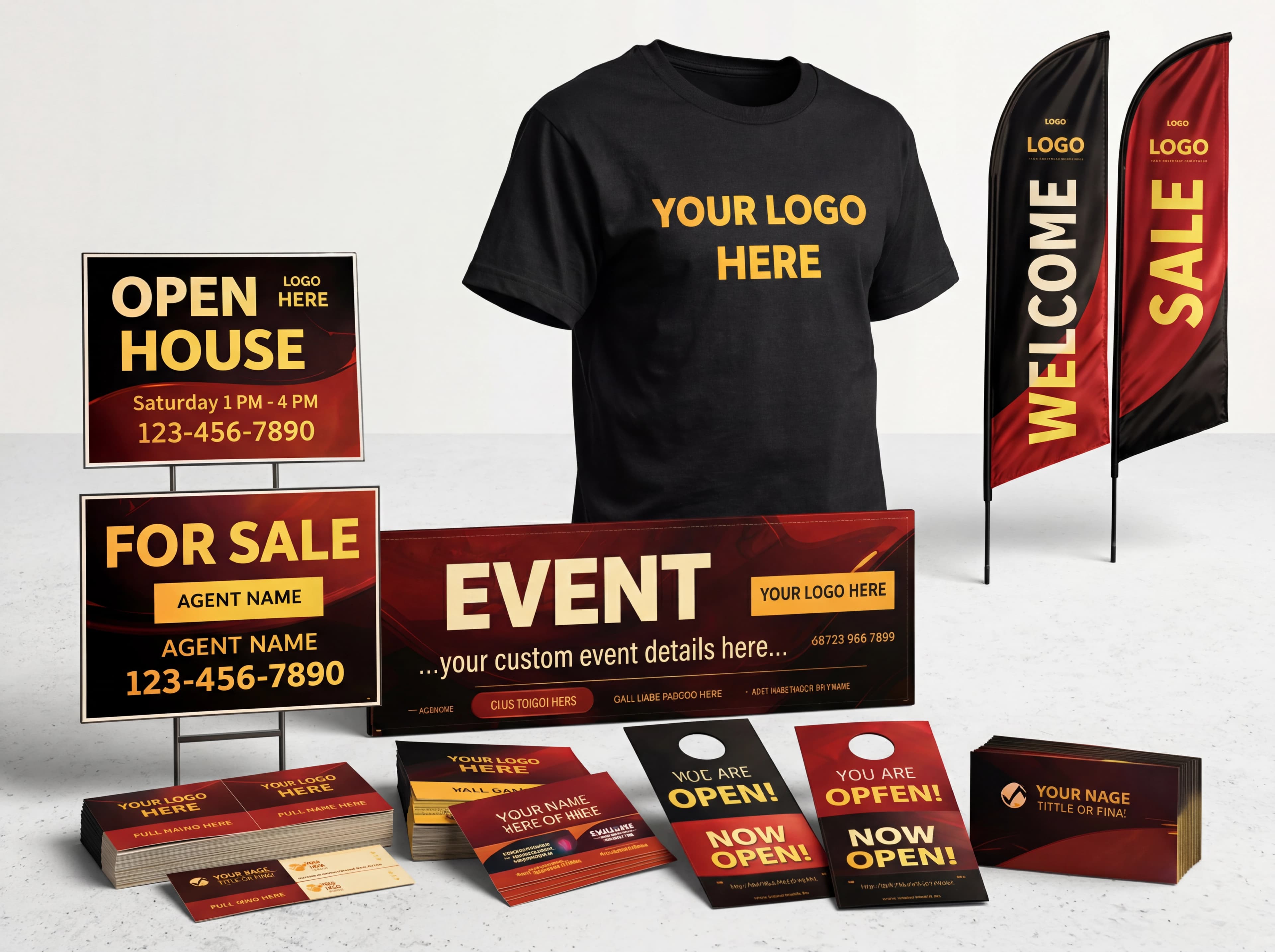Custom marketing materials including yard signs, banners, feather flags, business cards, and door hangers