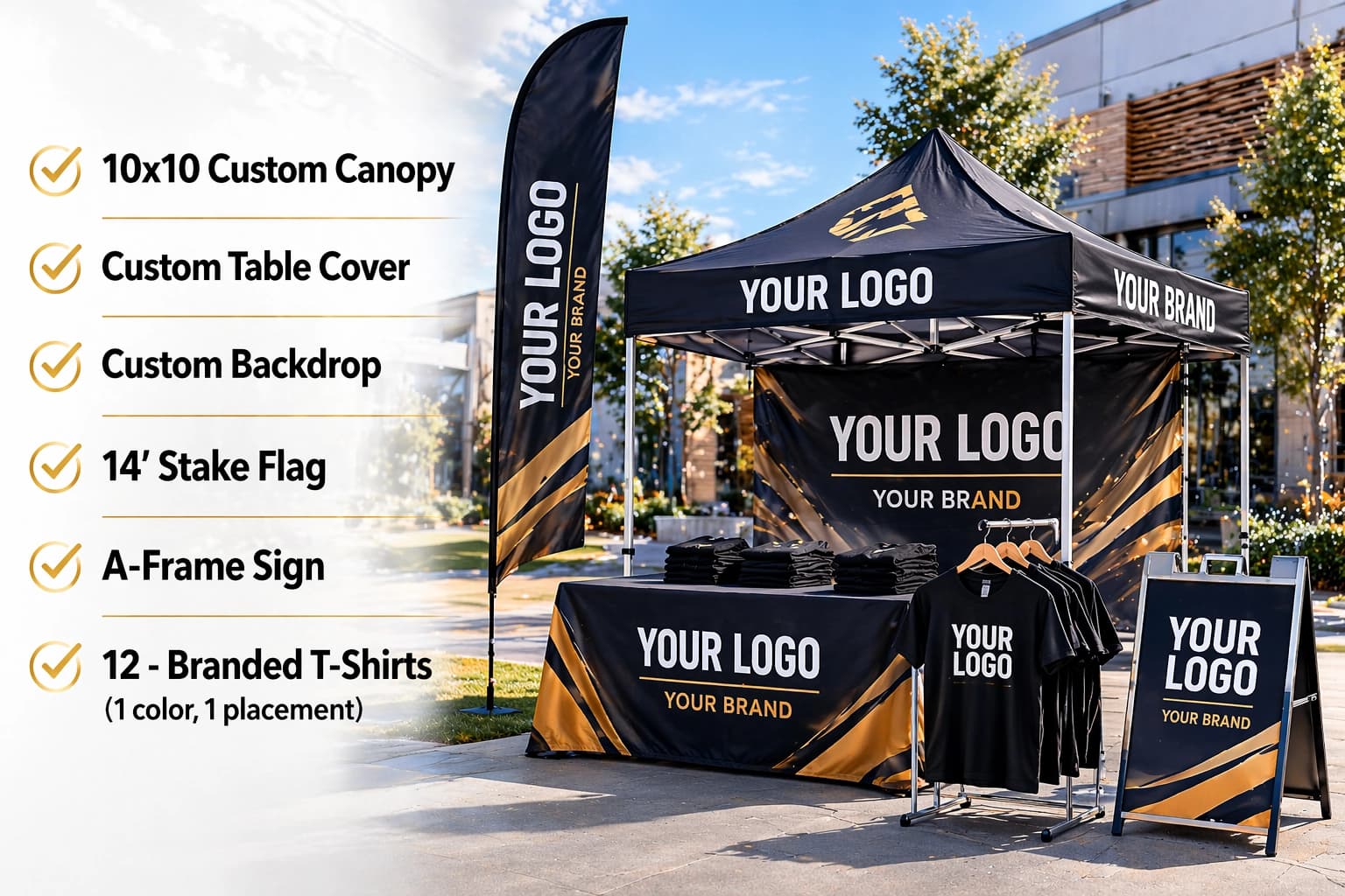 Vendor booth package graphic showing a custom 10x10 canopy, table cover, backdrop, 14-foot stake flag, A-frame sign, and branded T-shirts