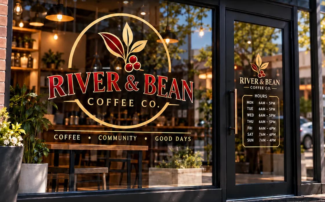 Concept of a coffee shop storefront with a large red and gold logo decal on the window and a store-hours decal on the door