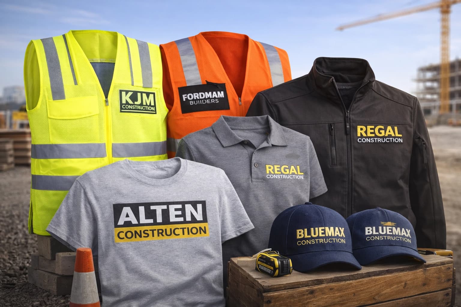 Custom construction workwear including high-visibility vests, embroidered polos, jackets, t-shirts, and branded hats